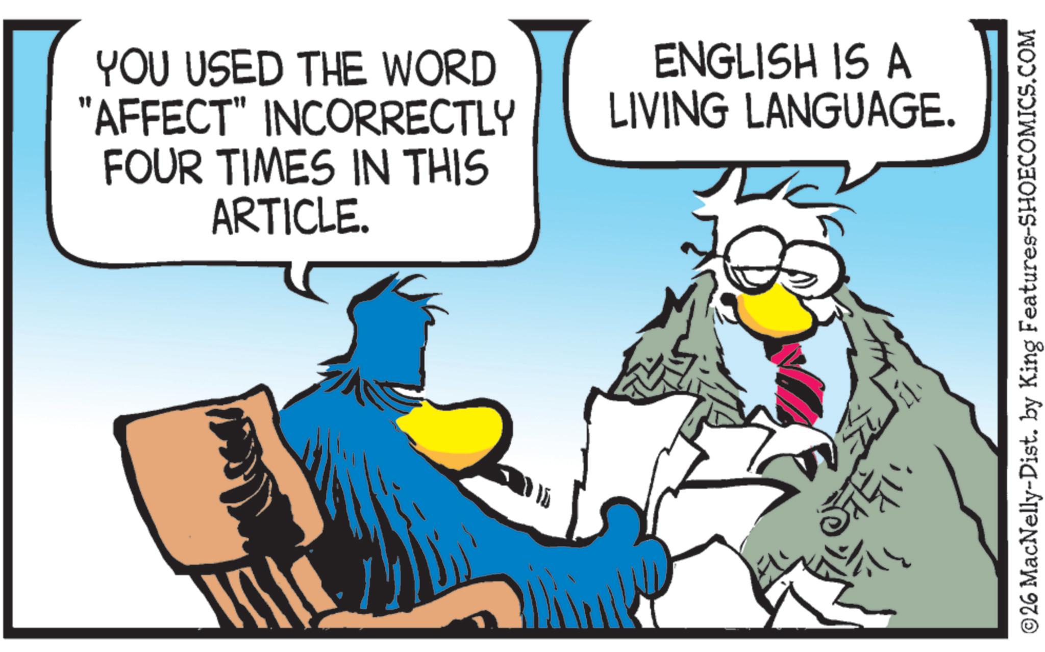 Clip art OCR: YOU USED THE WORD "AFFECT" INCORRECTLY FOUR TIMES IN THIS ARTICLE. ENGLISH IS A LIVING LANGUAGE. ?? ©26 MacNelly-Dist. by King Features-SHOECOMICS.COM YOU USED THE WORD " AFFECT " INCORRECTLY FOUR TIMES IN THIS ARTICLE . ENGLISH IS A LIVING LANGUAGE . ?? © 26 MacNelly - Dist . by King Features-SHOECOMICS.COM