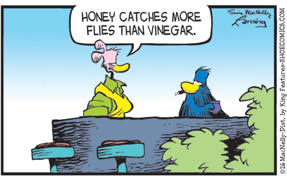 Fictional character OCR: HONEY CATCHES MORE FLIES THAN VINEGAR. Susie MacNelly Lansing ©26 MacNelly-Dist. by King Features-SHOECOMICS.COM HONEY CATCHES MORE FLIES THAN VINEGAR . Susie MacNelly Lansing © 26 MacNelly - Dist . by King Features-SHOECOMICS.COM