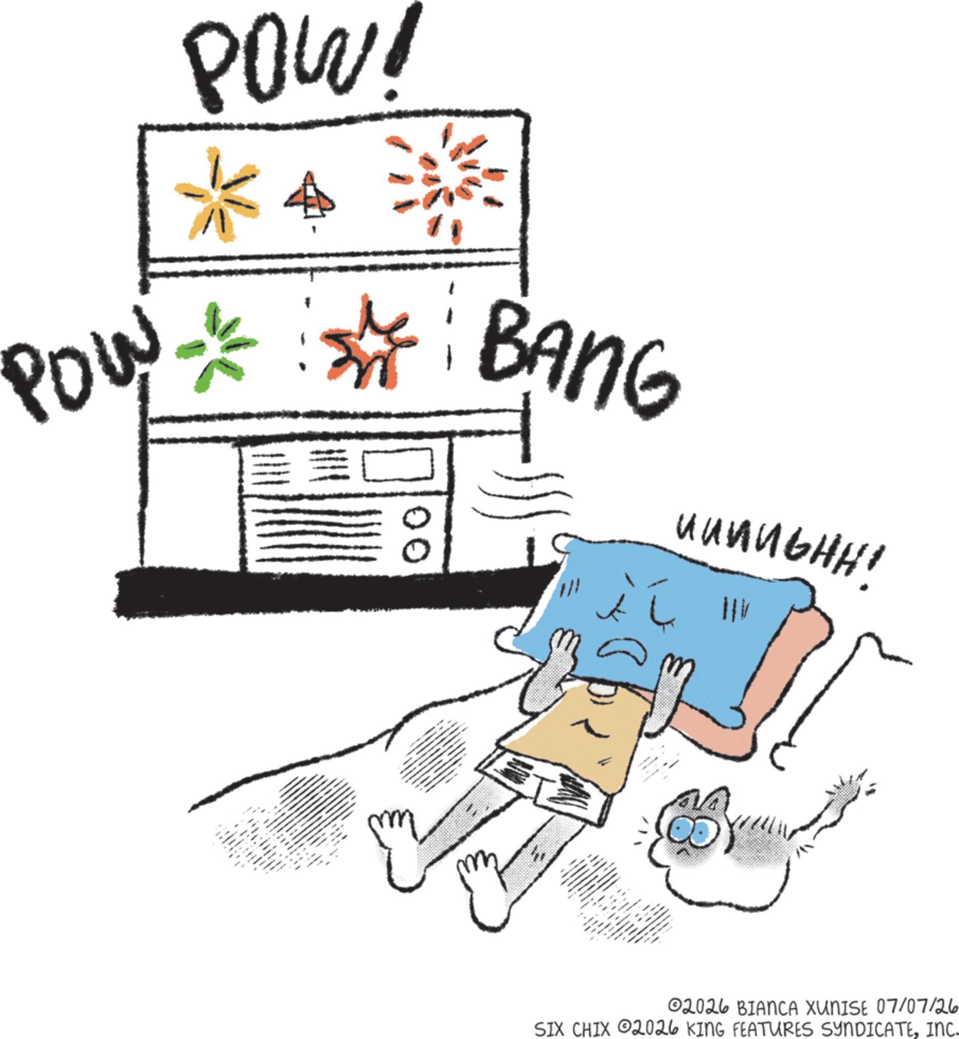 Line art OCR: POW! POW BANG uunuGHH! www. T All ©2026 BIANCA XUNISE 07/07/26 SIX CHIX 2026 KING FEATURES SYNDICATEINC. POW ! POW BANG uunuGHH ! www . T All © 2026 BIANCA XUNISE 07/07/26 SIX CHIX 2026 KING FEATURES SYNDICATEINC .