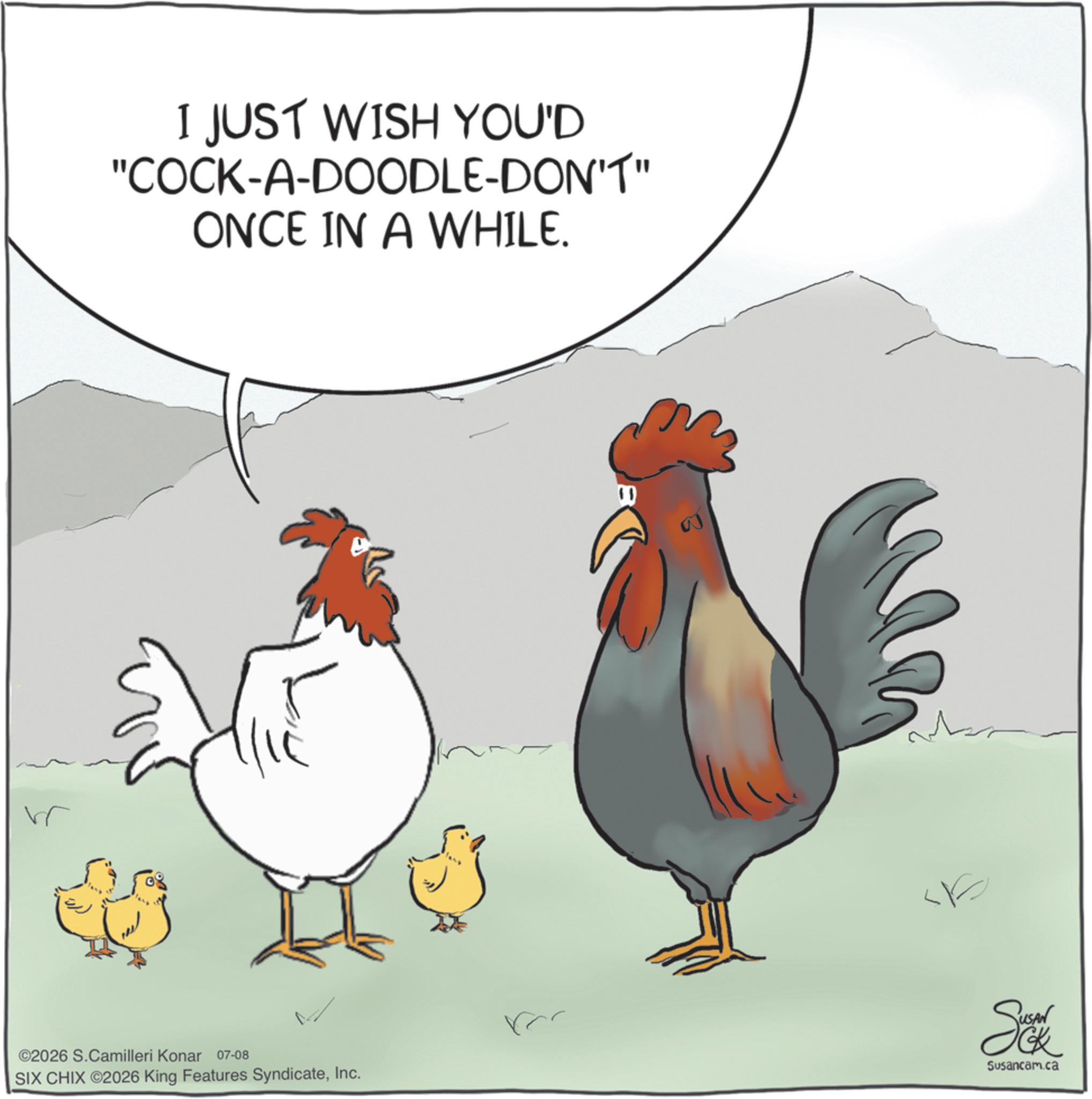 Comb OCR: I JUST WISH YOU'D "COCK-A-DOODLE-DON'T" ONCE IN A WHILE. ©2026 S.Camilleri Konar 07-08 SIX CHIX ©2026 King Features SyndicateInc. Se Susancam.ca I JUST WISH YOU'D " COCK - A - DOODLE - DON'T " ONCE IN A WHILE . © 2026 S.Camilleri Konar 07-08 SIX CHIX © 2026 King Features SyndicateInc. Se Susancam.ca