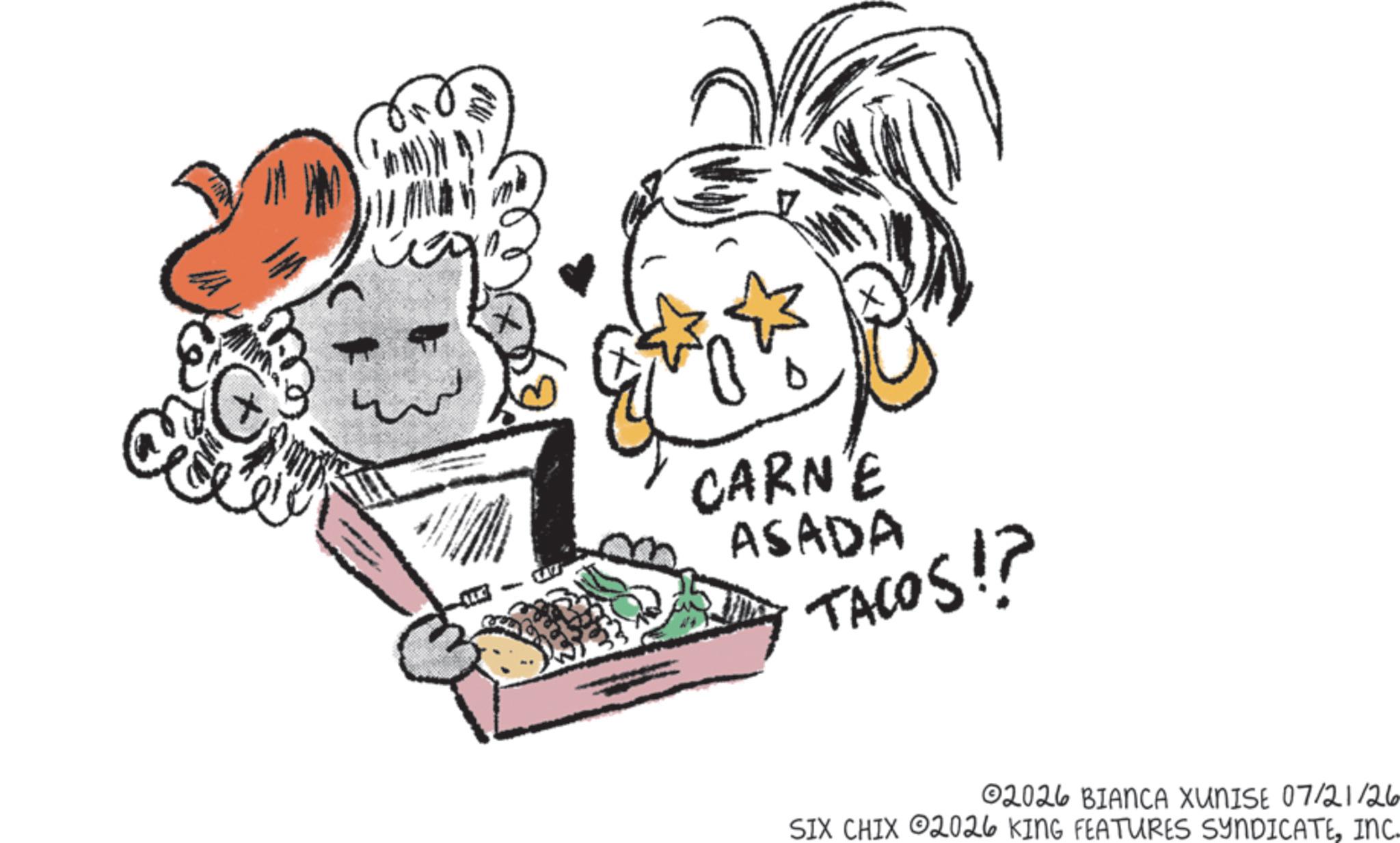 Clip art OCR: CARNE ASADA TACOS!? ©2026 BIANCA XUNISE 07/21/26 SIX CHIX 2026 KING FEATURES SYNDICATEINC. CARNE ASADA TACOS !? © 2026 BIANCA XUNISE 07/21/26 SIX CHIX 2026 KING FEATURES SYNDICATEINC .