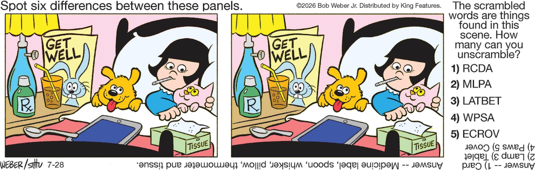 Screenshot OCR: Spot six differences between these panels. WELLD R ©2026 Bob Weber Jr. Distributed by King Features. GET WELL wwwwwwwwwwn The scrambled words are things found in this scene. How many can you unscramble? 1) RCDA 2) MLPA 3) LATBET 4) WPSA WEBER/SU 7-28 TISSUE i pe a doods ages app -- 5) ECROV TISSUE d ( (L -- ????? Spot six differences between these panels . WELLD R © 2026 Bob Weber Jr. Distributed by King Features . GET WELL wwwwwwwwwwn The scrambled words are things found in this scene . How many can you unscramble ? 1 ) RCDA 2 ) MLPA 3 ) LATBET 4 ) WPSA WEBER / SU 7-28 TISSUE i pe a doods ages app -- 5 ) ECROV TISSUE d ( ( L -- ?????