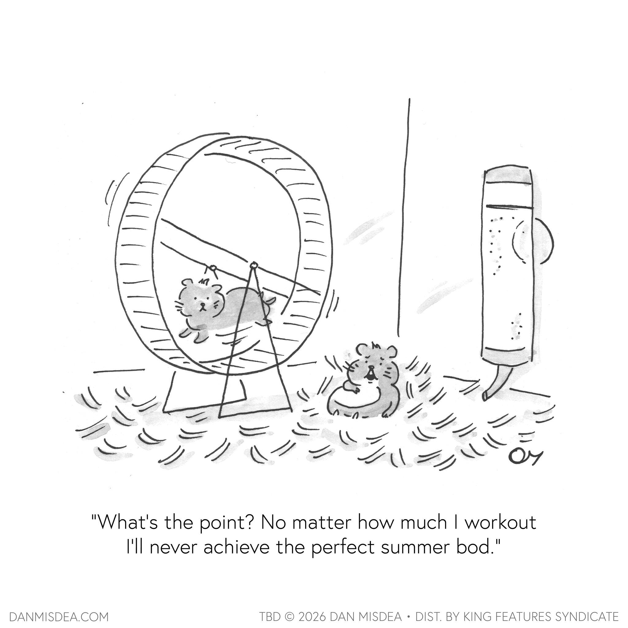 Pleased OCR: Ar "What's the point? No matter how much I workout I'll never achieve the perfect summer bod." DANMISDEA.COM TBD 2026 DAN MISDEA • DIST. BY KING FEATURES SYNDICATE Ar " What's the point ? No matter how much I workout I'll never achieve the perfect summer bod . " DANMISDEA.COM TBD 2026 DAN MISDEA • DIST . BY KING FEATURES SYNDICATE