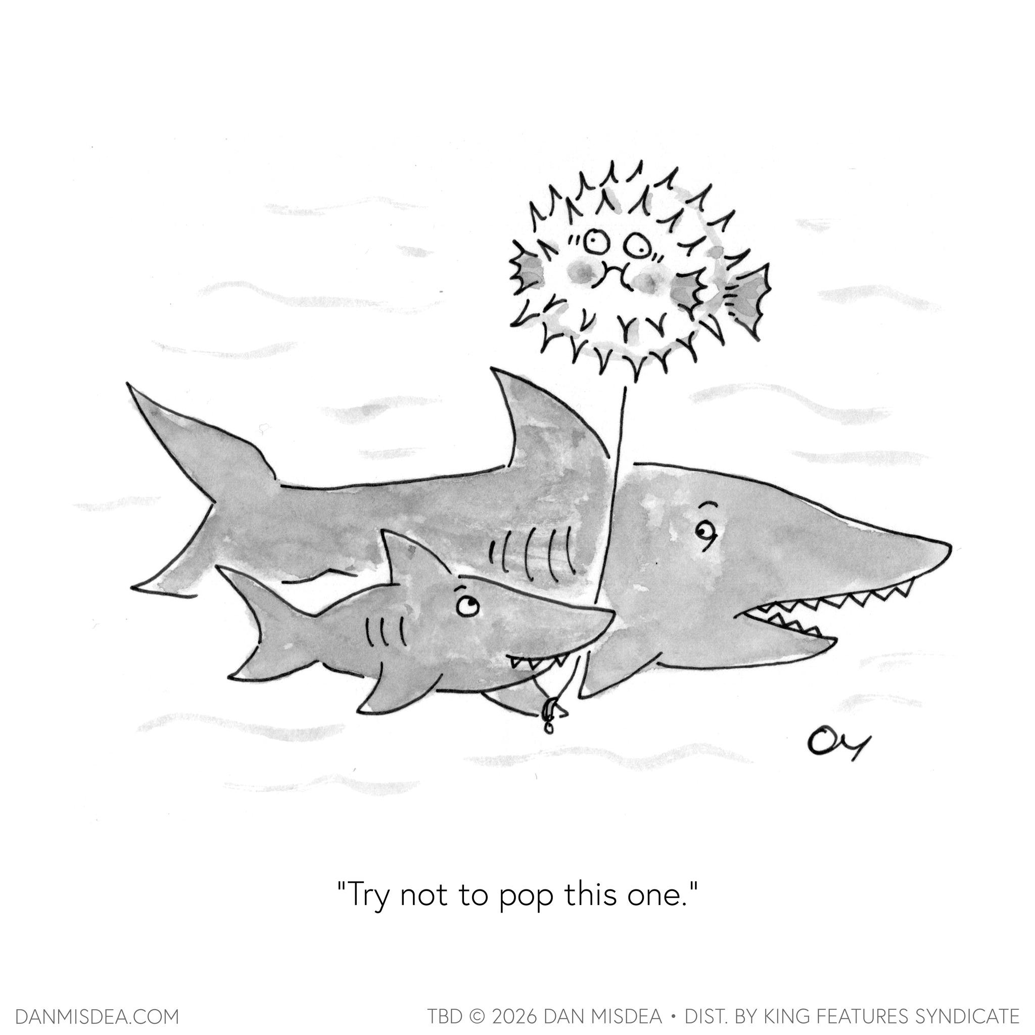 Fish OCR: DANMISDEA.COM ??? ?? "100""Try not to pop this one." ?? TBD 2026 DAN MISDEA • DIST. BY KING FEATURES SYNDICATE DANMISDEA.COM ??? ?? " 100 "" Try not to pop this one . " ?? TBD 2026 DAN MISDEA • DIST . BY KING FEATURES SYNDICATE