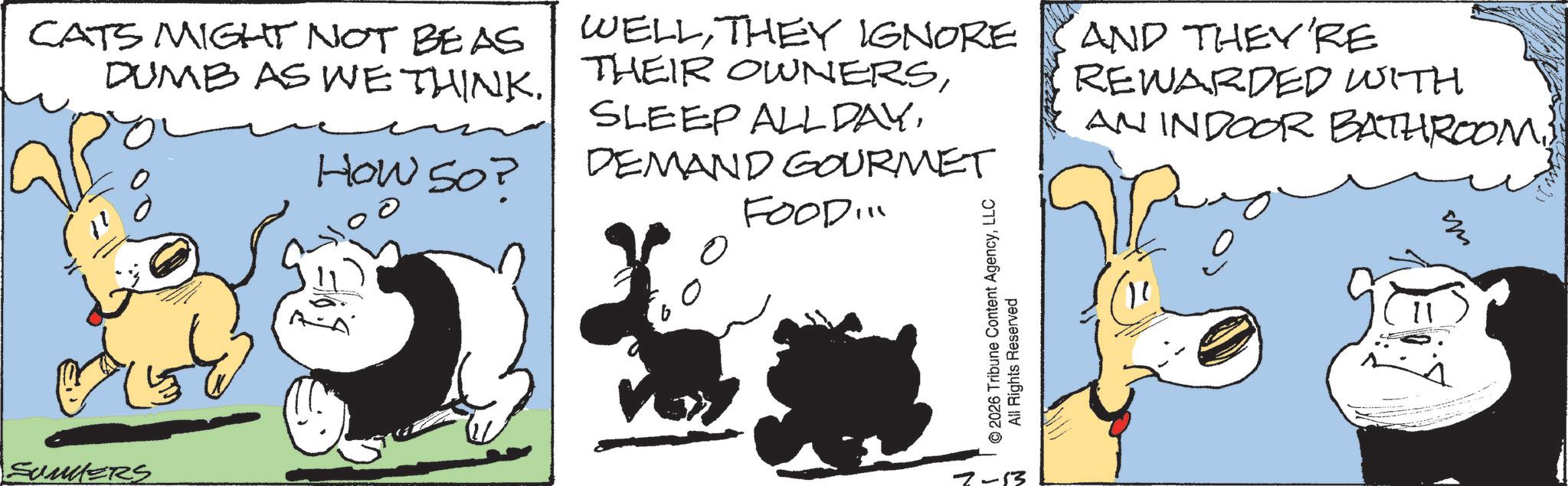 Comic book OCR: CATS MIGHT NOT BE AS DUMB AS WE THINK. SUMMERS How so? WELLTHEY IGNORE THEIR OWNERSDEMAND GOURMET FOOD!". © 2026 Tribune Content AgencyLLC All Rights Reserved AND THEY'RE REWARDED WITH AN INDOOR BATHROOM?? 7- CATS MIGHT NOT BE AS DUMB AS WE THINK . SUMMERS How so ? WELLTHEY IGNORE THEIR OWNERSSLEEP ALL DAYDEMAND GOURMET FOOD ! " . © 2026 Tribune Content AgencyLLC All Rights Reserved AND THEY'RE REWARDED WITH AN INDOOR BATHROOM?? 7-