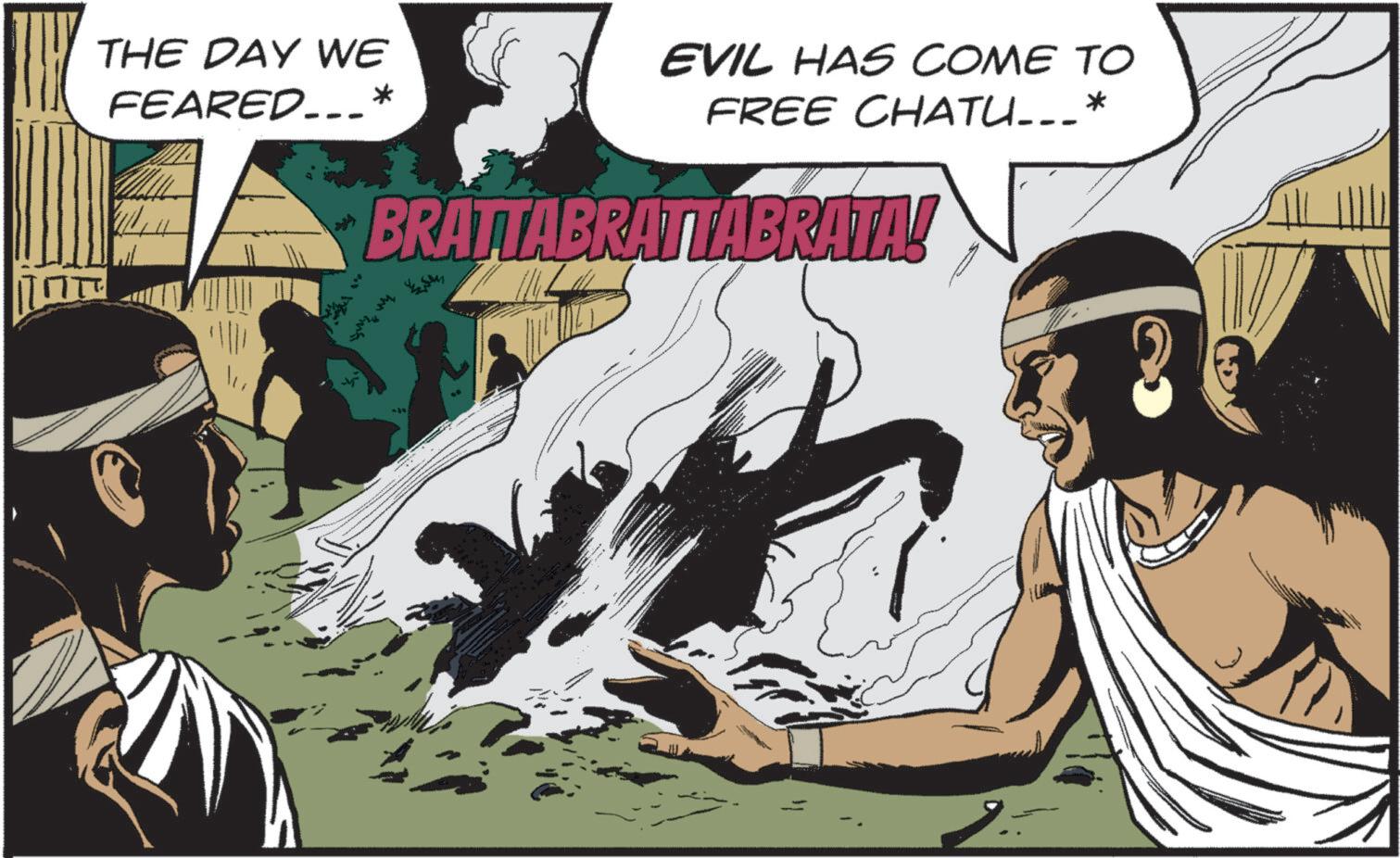 Comic book OCR: THE DAY WE FEARED.. EVIL HAS COME TO * FREE CHATU.._* BRATTABRATTABRATA! THE DAY WE FEARED .. EVIL HAS COME TO * FREE CHATU .._ * BRATTABRATTABRATA !