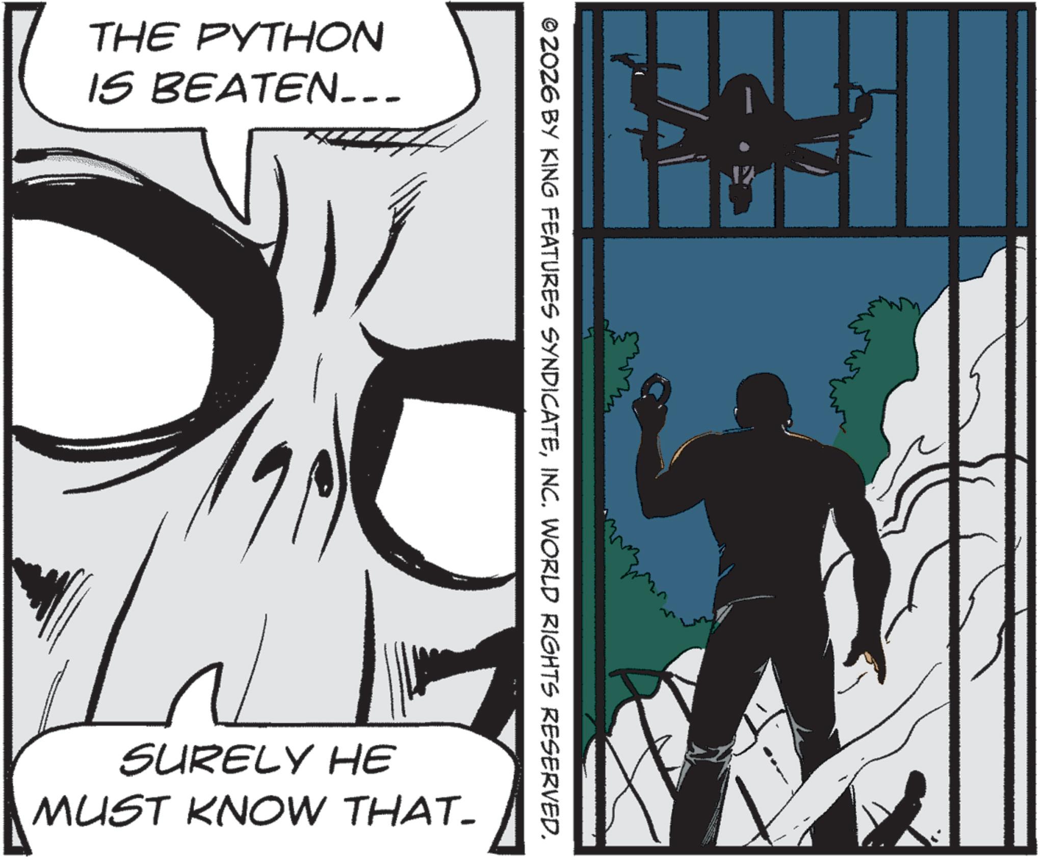 Comic book OCR: THE PYTHON IS BEATEN_-_ 17 © 2026 BY KING FEATURES SYNDICATEINC. WORLD RIGHTS RESERVED. SURELY HE MUST KNOW THAT- THE PYTHON IS BEATEN _ - _ 17 © 2026 BY KING FEATURES SYNDICATEINC . WORLD RIGHTS RESERVED . SURELY HE MUST KNOW THAT-
