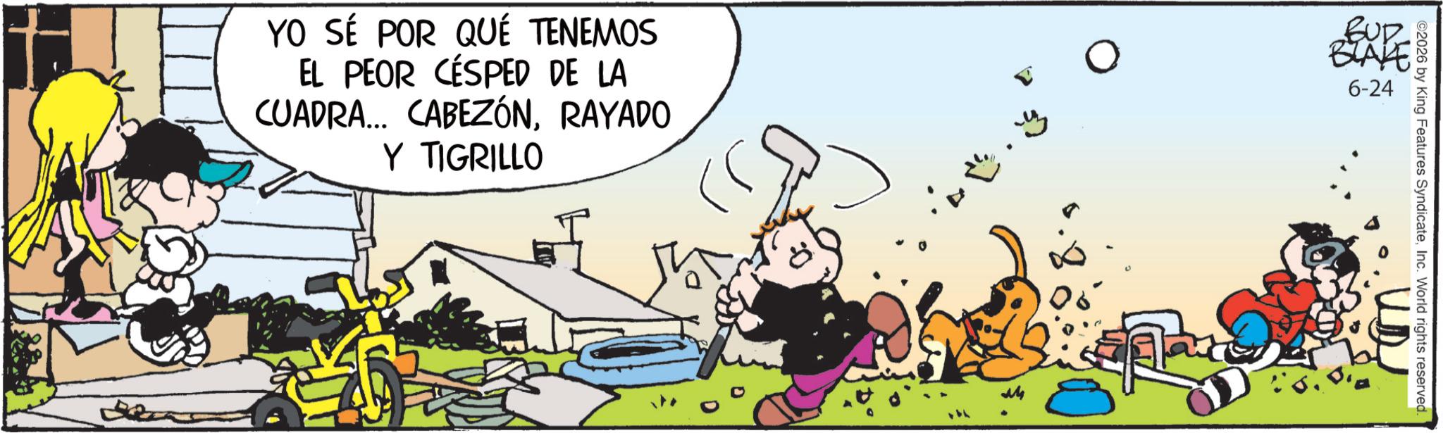 Animated cartoon OCR: YO SÉ POR QUÉ TENEMOS EL PEOR CÉSPED DE LA CUADRA... CABEZÓNRAYADO Y TIGRILLO ?? BUD BLAKE 6-24 ©2026 by King Features SyndicateInc. World rights reserved YO SÉ POR QUÉ TENEMOS EL PEOR CÉSPED DE LA CUADRA ... CABEZÓNRAYADO Y TIGRILLO ?? BUD BLAKE 6-24 © 2026 by King Features SyndicateInc. World rights reserved