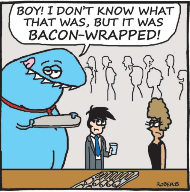 Photo caption OCR: BOY! I DON'T KNOW WHAT THAT WASBUT IT WAS BACON-WRAPPED! 8} R ROBERTS BOY ! I DON'T KNOW WHAT THAT WASBUT IT WAS BACON - WRAPPED ! 8 } R ROBERTS