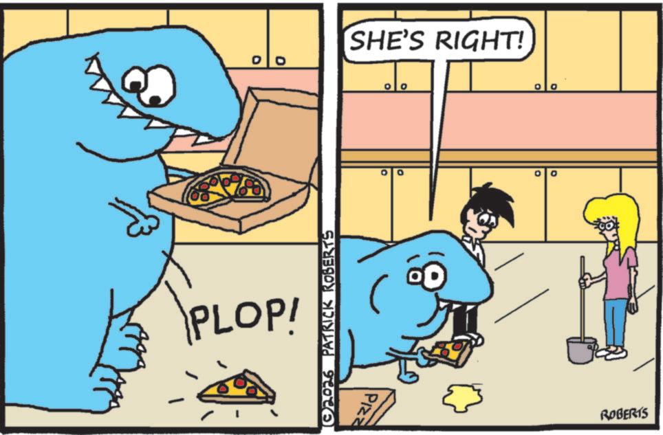 Pleased OCR: SHE'S RIGHT! PLOP! (02026 PATRICK ROBERTS 0 PIZZ D ROBERTS SHE'S RIGHT ! PLOP ! ( 02026 PATRICK ROBERTS 0 PIZZ D ROBERTS
