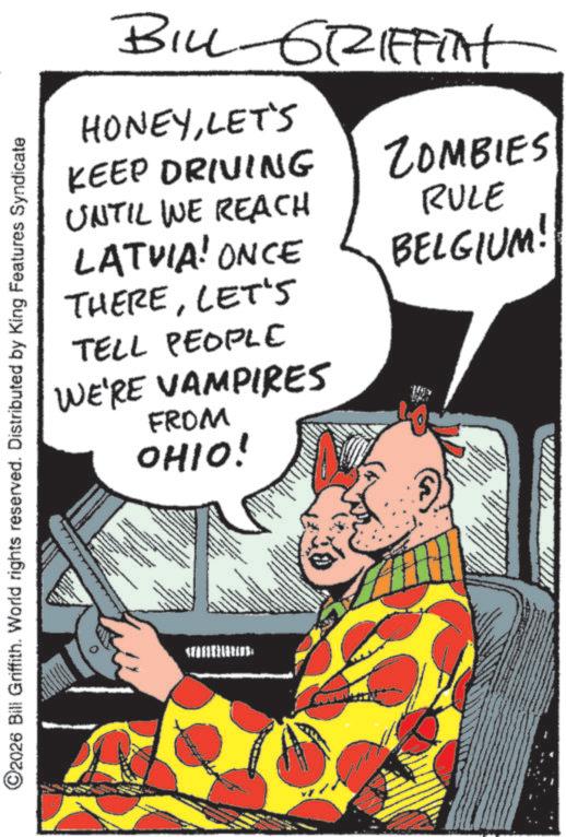Animation OCR: BILL-GRIFFITH HONEYLET'S KEEP DRIVING UNTIL WE REACH LATVIA! ONCE THERELET'S TELL PEOPLE WE'RE VAMPIRES FROM OHIO! ZOMBIES RULE BELGIUM! C2026 Bill Griffith. World rights reserved. Distributed by King Features Syndicate wwwwww wwww w BILL - GRIFFITH HONEYLET'S KEEP DRIVING UNTIL WE REACH LATVIA ! ONCE THERELET'S TELL PEOPLE WE'RE VAMPIRES FROM OHIO ! ZOMBIES RULE BELGIUM ! C2026 Bill Griffith . World rights reserved . Distributed by King Features Syndicate wwwwww wwww w