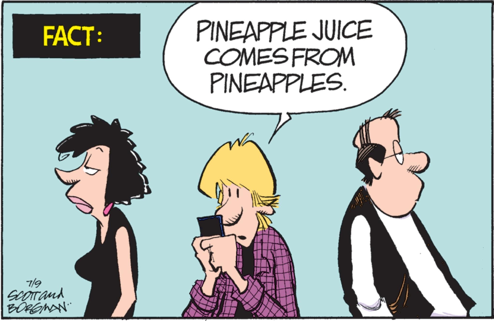 Graphics OCR: FACT: PINEAPPLE JUICE COMES FROM PINEAPPLES. 7/9 SCOTTand BORGMAN FACT : PINEAPPLE JUICE COMES FROM PINEAPPLES . 7/9 SCOTTand BORGMAN