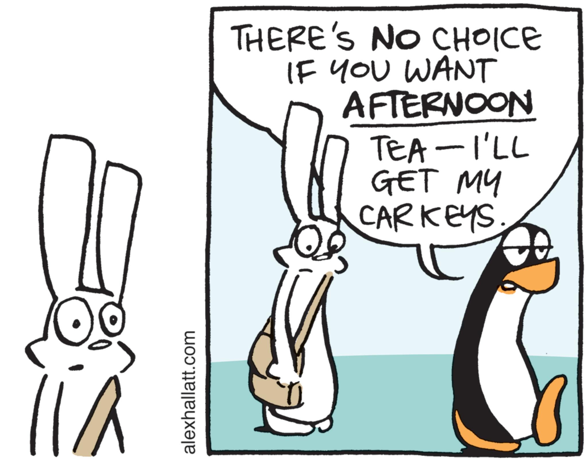 Clip art OCR: alexhallatt.com THERE'S NO CHOICE IF YOU WANT AFTERNOON TEA-I'LL GET MY CARKEYS. alexhallatt.com THERE'S NO CHOICE IF YOU WANT AFTERNOON TEA - I'LL GET MY CARKEYS .