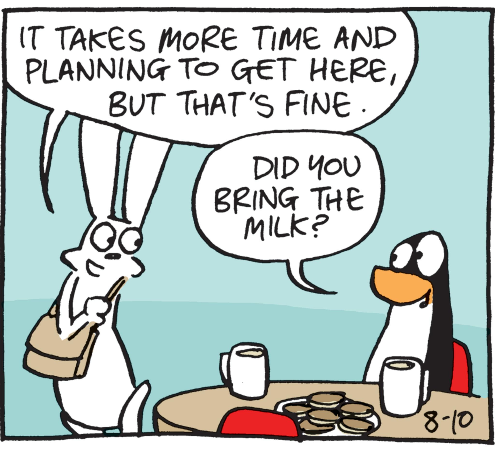 Comics OCR: IT TAKES MORE TIME AND PLANNING TO GET HEREBUT THAT'S FINE. DID YOU BRING THE MILK? 8-10 IT TAKES MORE TIME AND PLANNING TO GET HEREBUT THAT'S FINE . DID YOU BRING THE MILK ? 8-10