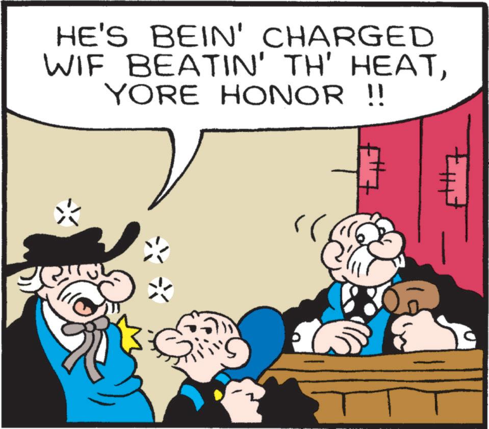 Animated cartoon OCR: HE'S BEIN' CHARGED WIF BEATIN' TH' HEATYORE HONOR !! HE'S BEIN ' CHARGED WIF BEATIN ' TH ' HEATYORE HONOR !!