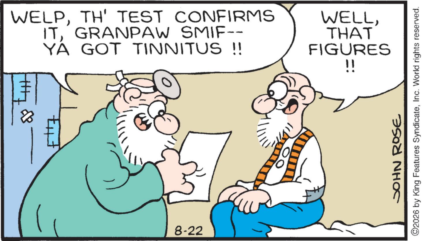 Animation OCR: WELPTH' TEST CONFIRMS WELLGRANPAW SMIF-- YA GOT TINNITUS !! THAT FIGURES !! ?B 8-22 JOHN ROSE ©2026 by King Features SyndicateInc. World rights reserved. WELPTH ' TEST CONFIRMS WELLGRANPAW SMIF-- YA GOT TINNITUS !! THAT FIGURES !! ?B 8-22 JOHN ROSE © 2026 by King Features SyndicateInc. World rights reserved .