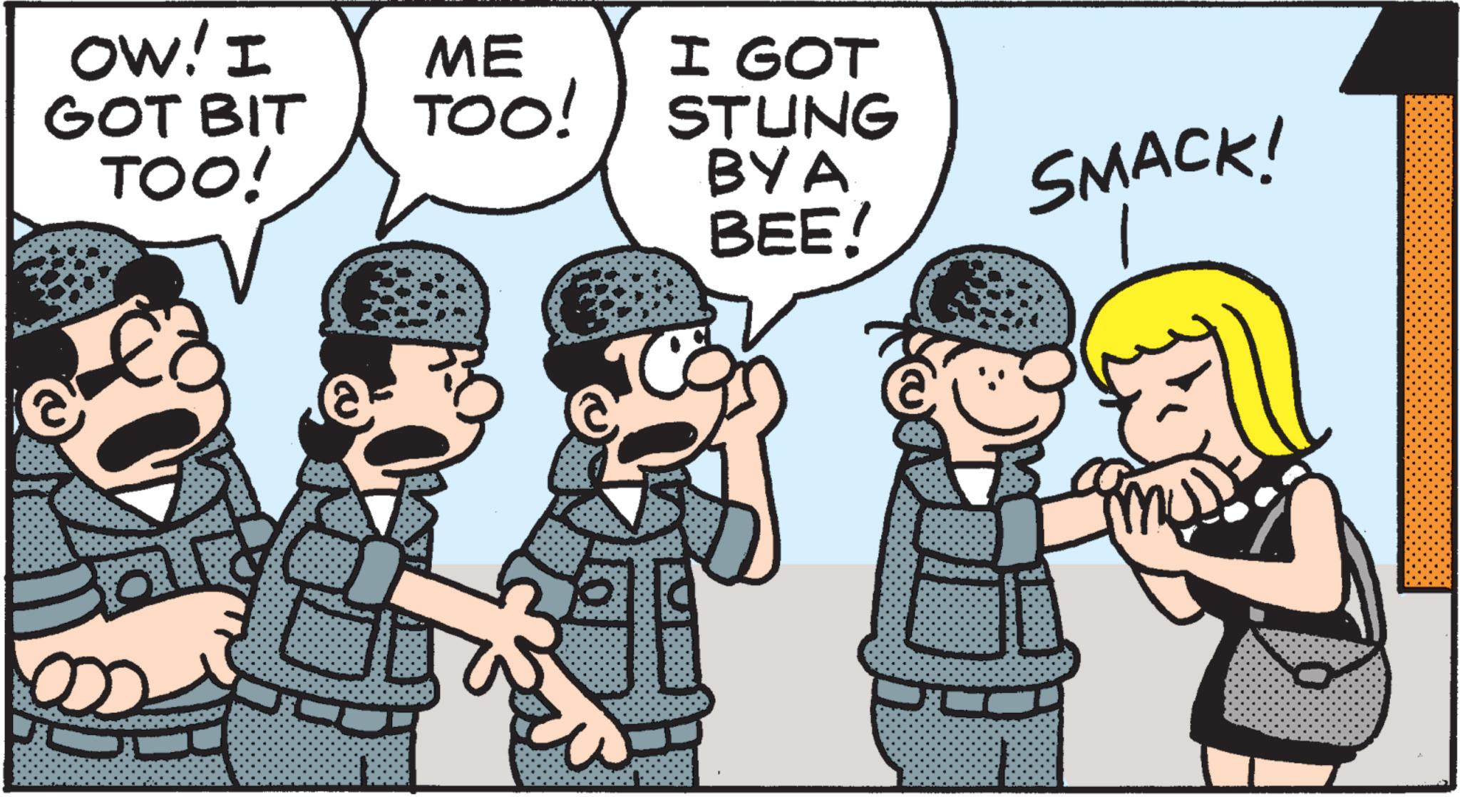 Humour OCR: OW! I GOT BIT TOO! ME TOO! I GOT STUNG BYA SMACK! BEE! OW ! I GOT BIT TOO ! ME TOO ! I GOT STUNG BYA SMACK ! BEE !