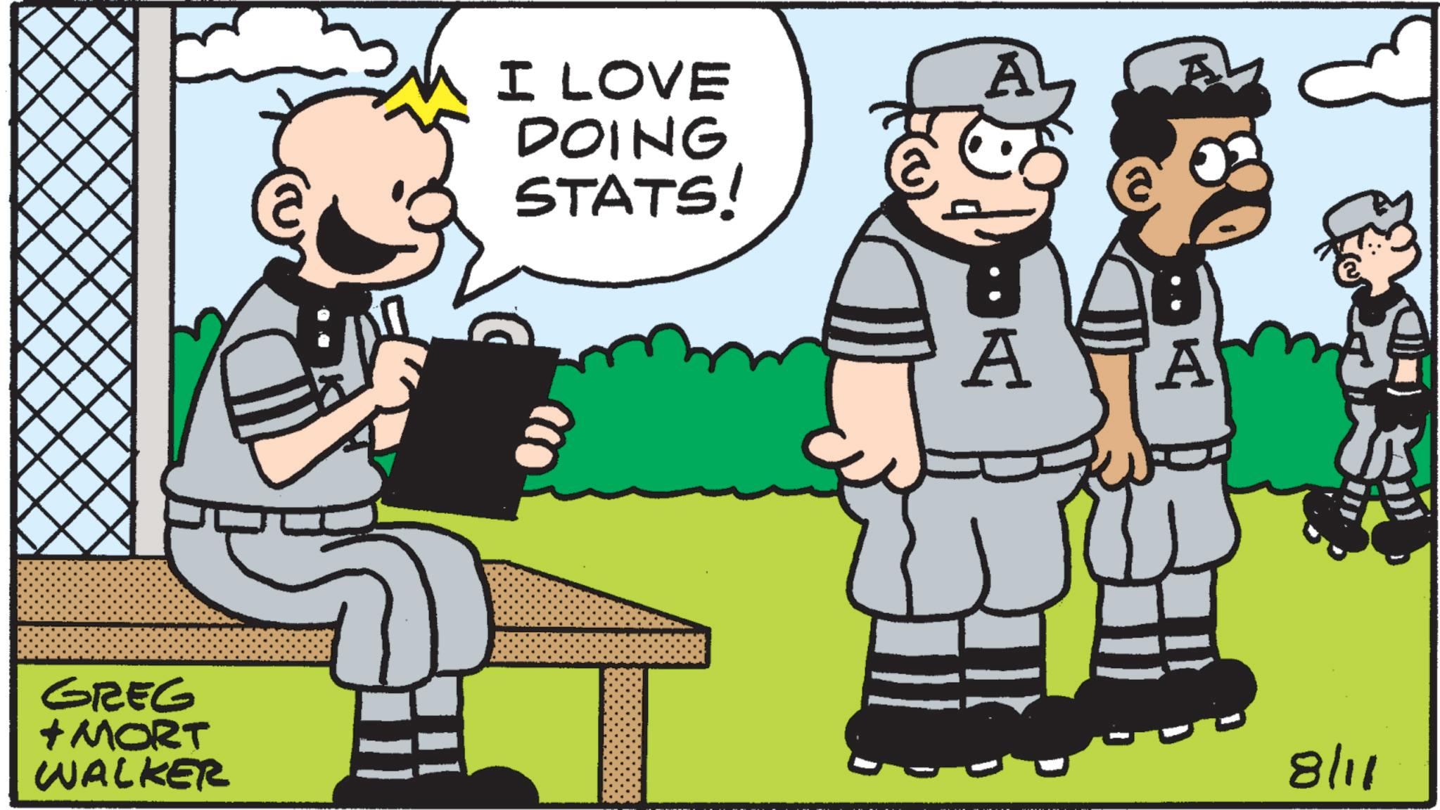 Animated cartoon OCR: GREG +MORT WALKER I LOVE DOING STATS! A A A 8/11 GREG + MORT WALKER I LOVE DOING STATS ! A A A 8/11