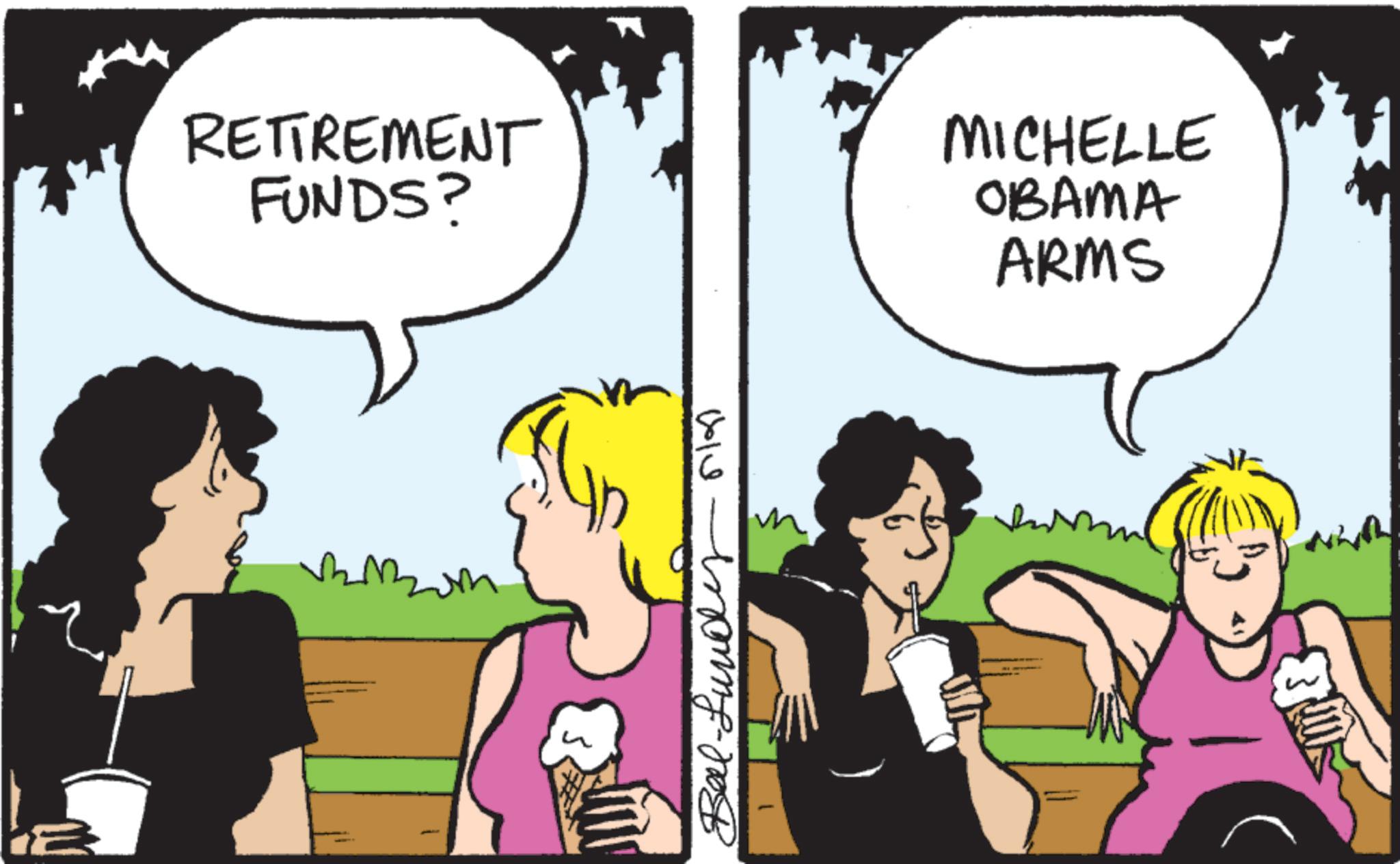 Photo caption OCR: RETIREMENT FUNDS? m Bal-fundus n MICHELLE OBAMA ARMS RETIREMENT FUNDS ? m Bal - fundus n MICHELLE OBAMA ARMS
