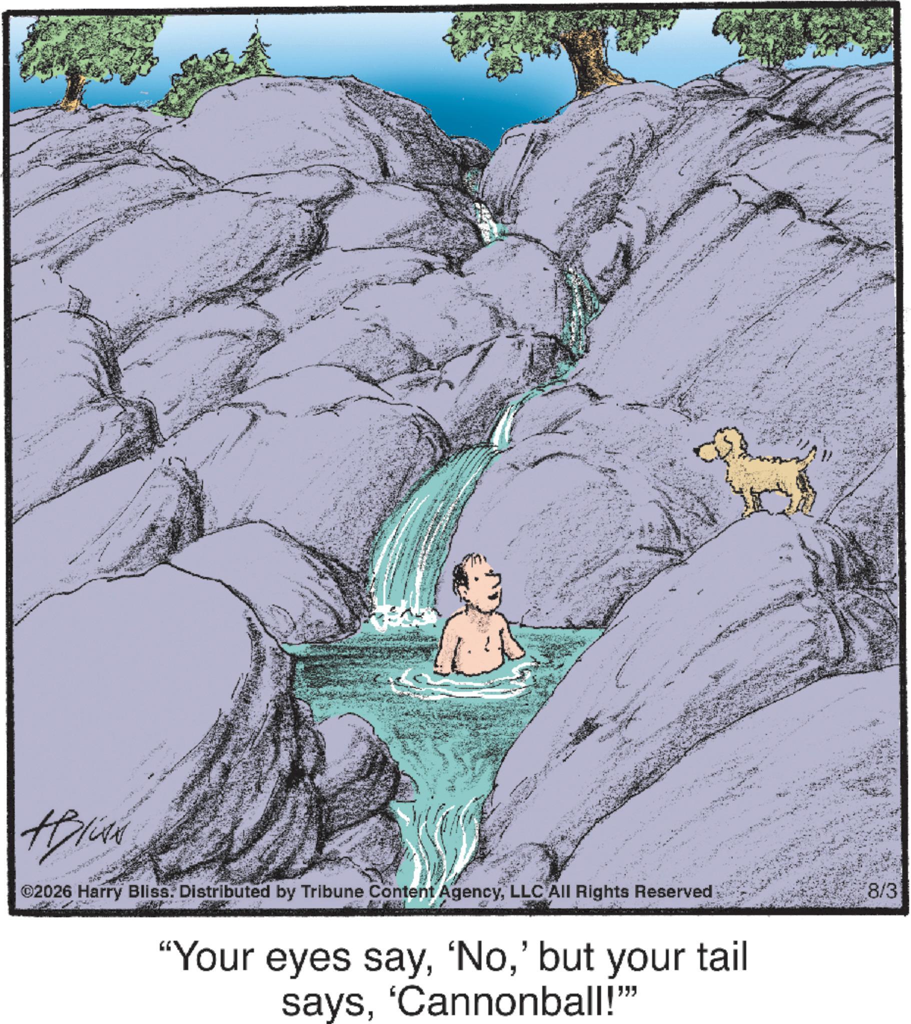 Animation OCR: 6.Ng #Bliss ©2026 Harry Bliss. Distributed by Tribune Content AgencyLLC All Rights Reserved "Your eyes say' but your tail says'Cannonball!"" 8/3 6.Ng #Bliss © 2026 Harry Bliss . Distributed by Tribune Content AgencyLLC All Rights Reserved " Your eyes say' No' but your tail says' Cannonball ! " " 8/3