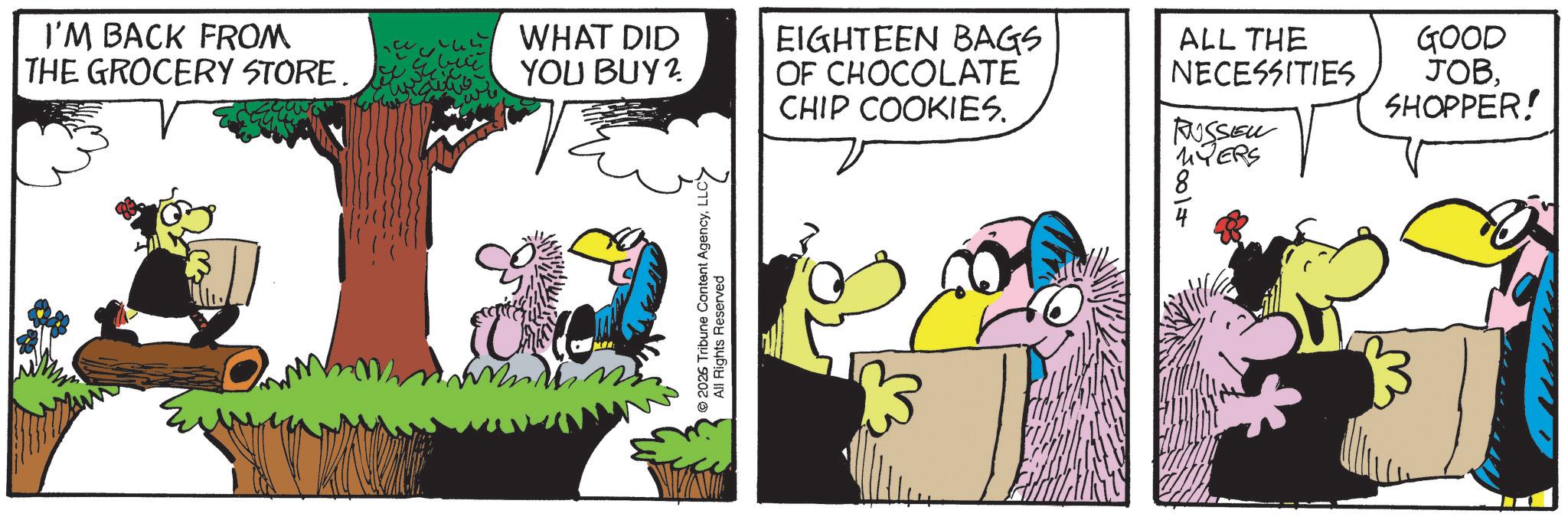 Fictional character OCR: I'M BACK FROM THE GROCERY STORE. WHAT DID YOU BUY 2 C ©2026 Tribune Content AgencyLLC> All Rights Reserved EIGHTEEN BAGS OF CHOCOLATE CHIP COOKIES. ALL THE NECESSITIES GOOD JOBSHOPPER! RUSSEN 8 500+ MYERS I'M BACK FROM THE GROCERY STORE . WHAT DID YOU BUY 2 C © 2026 Tribune Content AgencyLLC > All Rights Reserved EIGHTEEN BAGS OF CHOCOLATE CHIP COOKIES . ALL THE NECESSITIES GOOD JOBSHOPPER ! RUSSEN 8 500+ MYERS