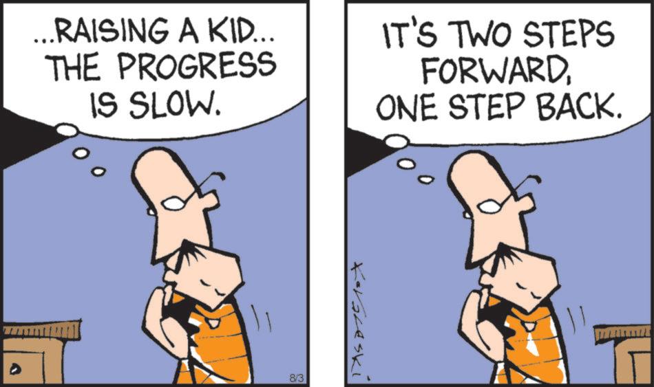 Animation OCR: 0 ...RAISING A KID... THE PROGRESS IS SLOW. IT'S TWO STEPS FORWARDONE STEP BACK. 8/3 0 ... RAISING A KID ... THE PROGRESS IS SLOW . IT'S TWO STEPS FORWARDONE STEP BACK . 8/3