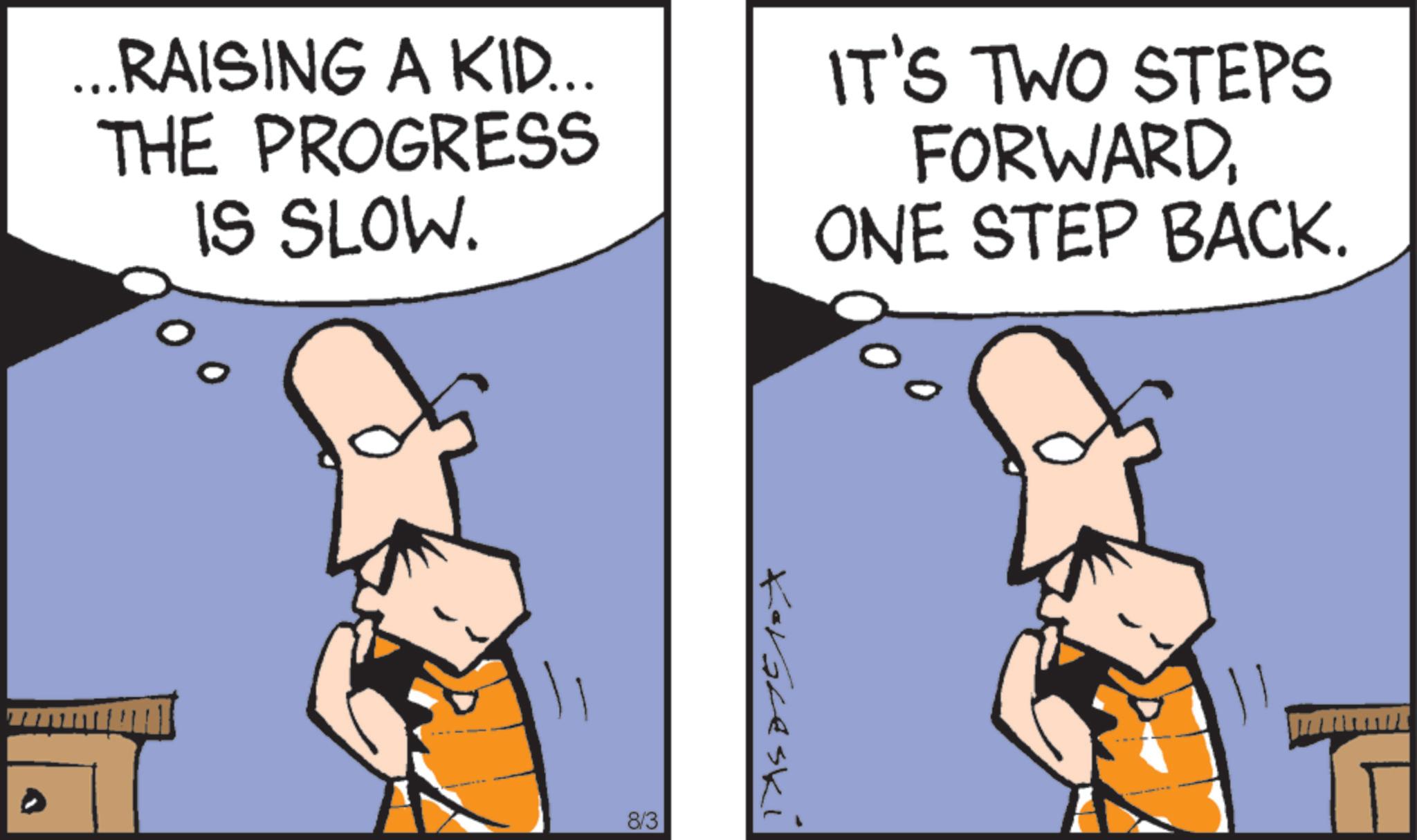 Animation OCR: 0 ...RAISING A KID... THE PROGRESS IS SLOW. IT'S TWO STEPS FORWARDONE STEP BACK. 8/3 0 ... RAISING A KID ... THE PROGRESS IS SLOW . IT'S TWO STEPS FORWARDONE STEP BACK . 8/3