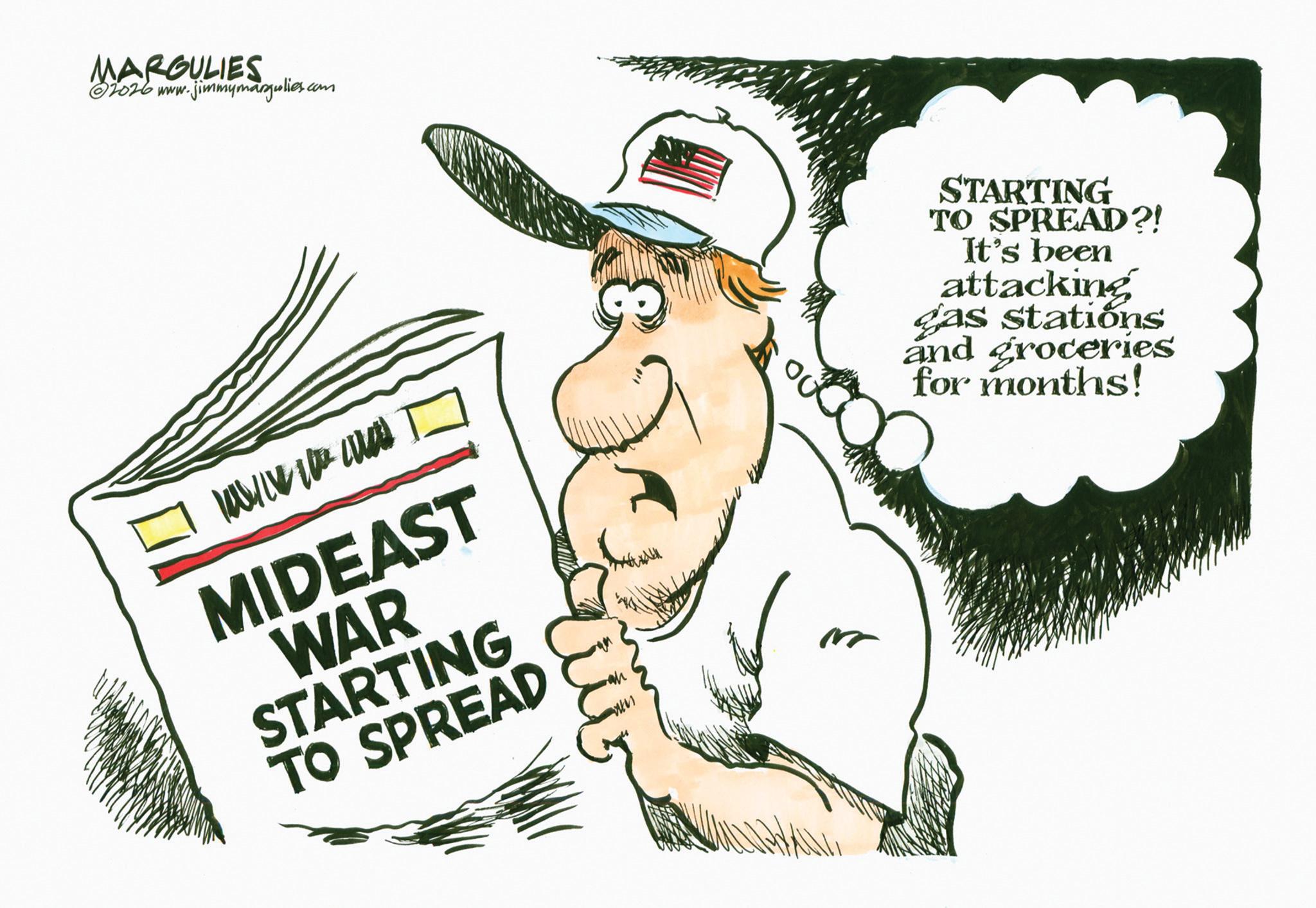 Handwriting OCR: MARGULIES ©2026 www.jimmymargulies.com lavive la cas MIDEAST WAR STARTING TO SPREAD STARTING TO SPREAD?! It's been attacking gas stations and groceries for months! MARGULIES © 2026 www.jimmymargulies.com lavive la cas MIDEAST WAR STARTING TO SPREAD STARTING TO SPREAD ?! It's been attacking gas stations and groceries for months !