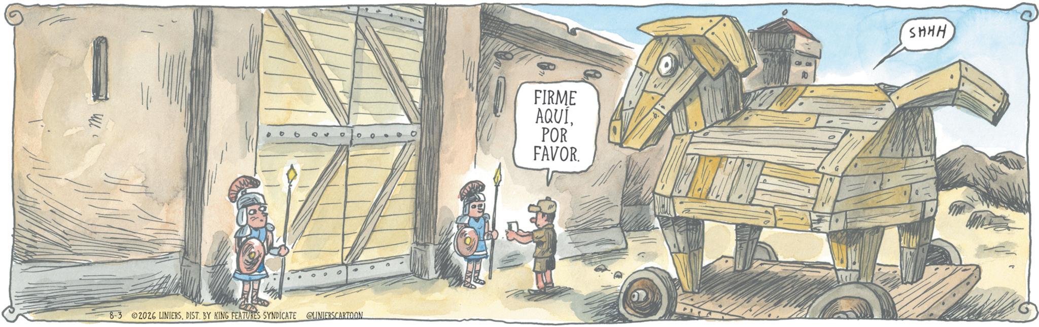 Fiction OCR: 8-3 2026 LINIERSDIST. BY KING FEATURES SYNDICATE @LINIERSCARTOON FIRME AQUIPOR FAVOR. SHHH 8-3 2026 LINIERSDIST . BY KING FEATURES SYNDICATE @LINIERSCARTOON FIRME AQUIPOR FAVOR . SHHH