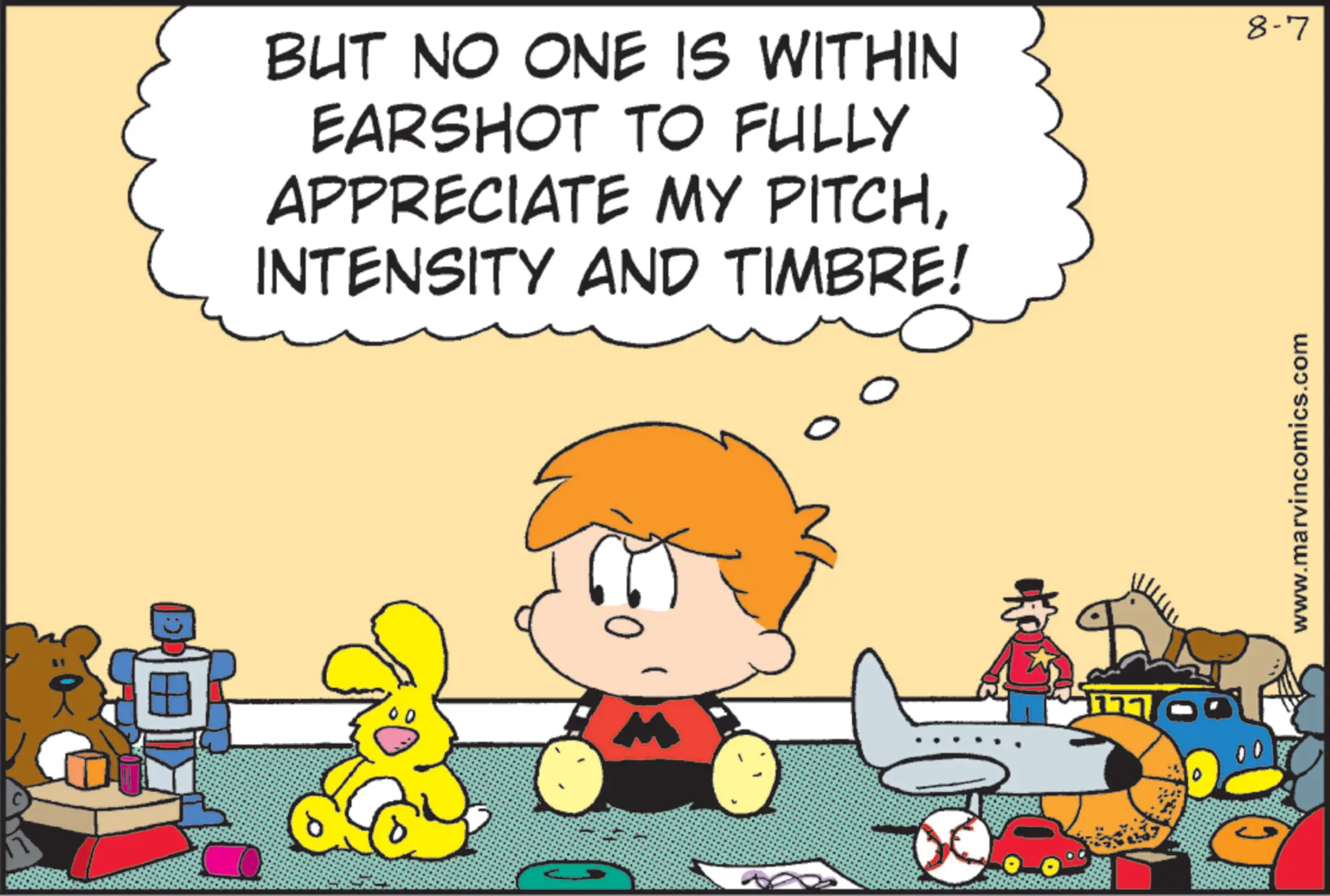 Photo caption OCR: BUT NO ONE IS WITHIN EARSHOT TO FULLY APPRECIATE MY PITCHINTENSITY AND TIMBRE! www.marvincomics.com 8-7 BUT NO ONE IS WITHIN EARSHOT TO FULLY APPRECIATE MY PITCHINTENSITY AND TIMBRE ! www.marvincomics.com 8-7