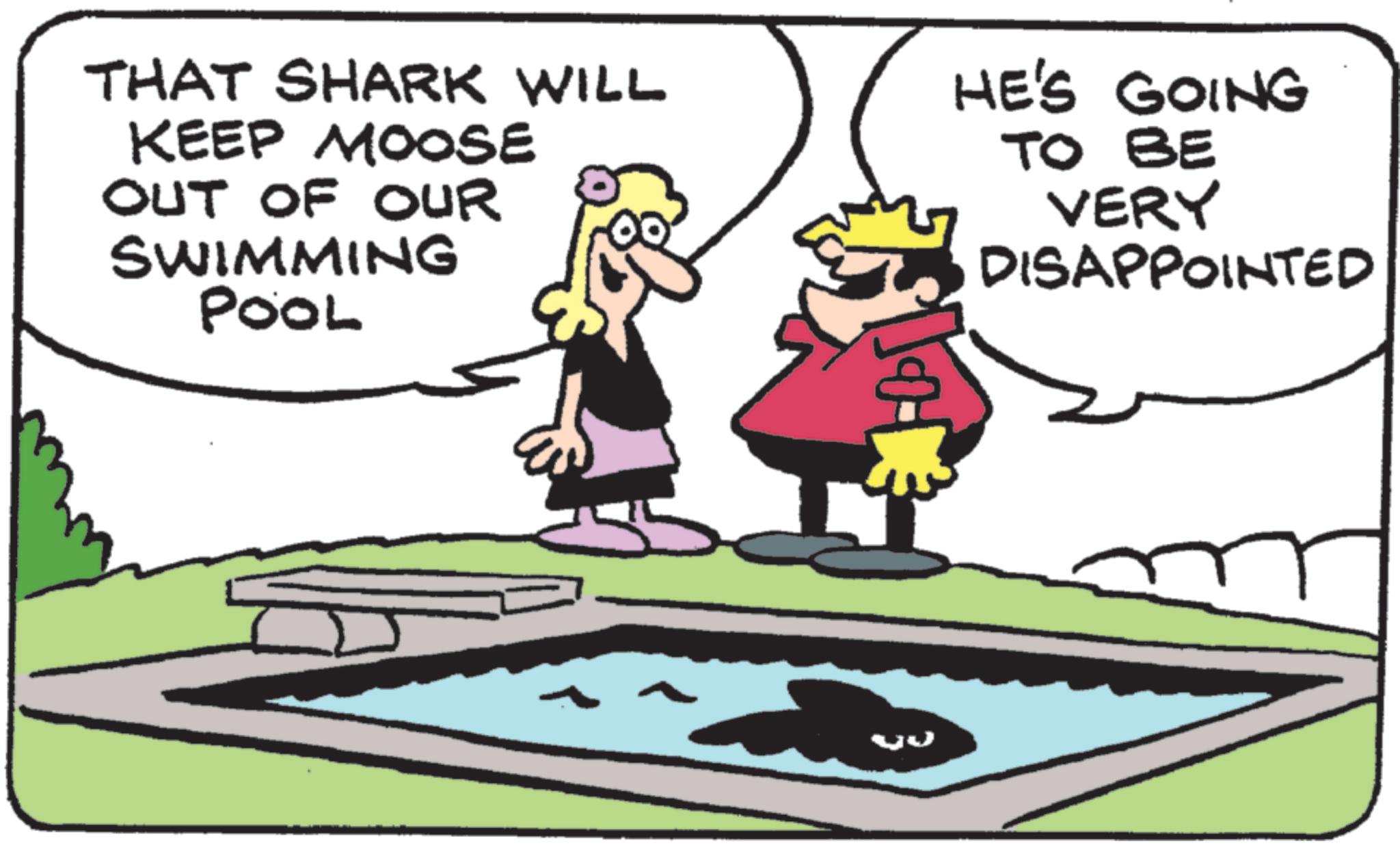 Photo caption OCR: THAT SHARK WILL KEEP MOOSE OUT OF OUR SWIMMING POOL HE'S GOING TO BE VERY DISAPPOINTED THAT SHARK WILL KEEP MOOSE OUT OF OUR SWIMMING POOL HE'S GOING TO BE VERY DISAPPOINTED