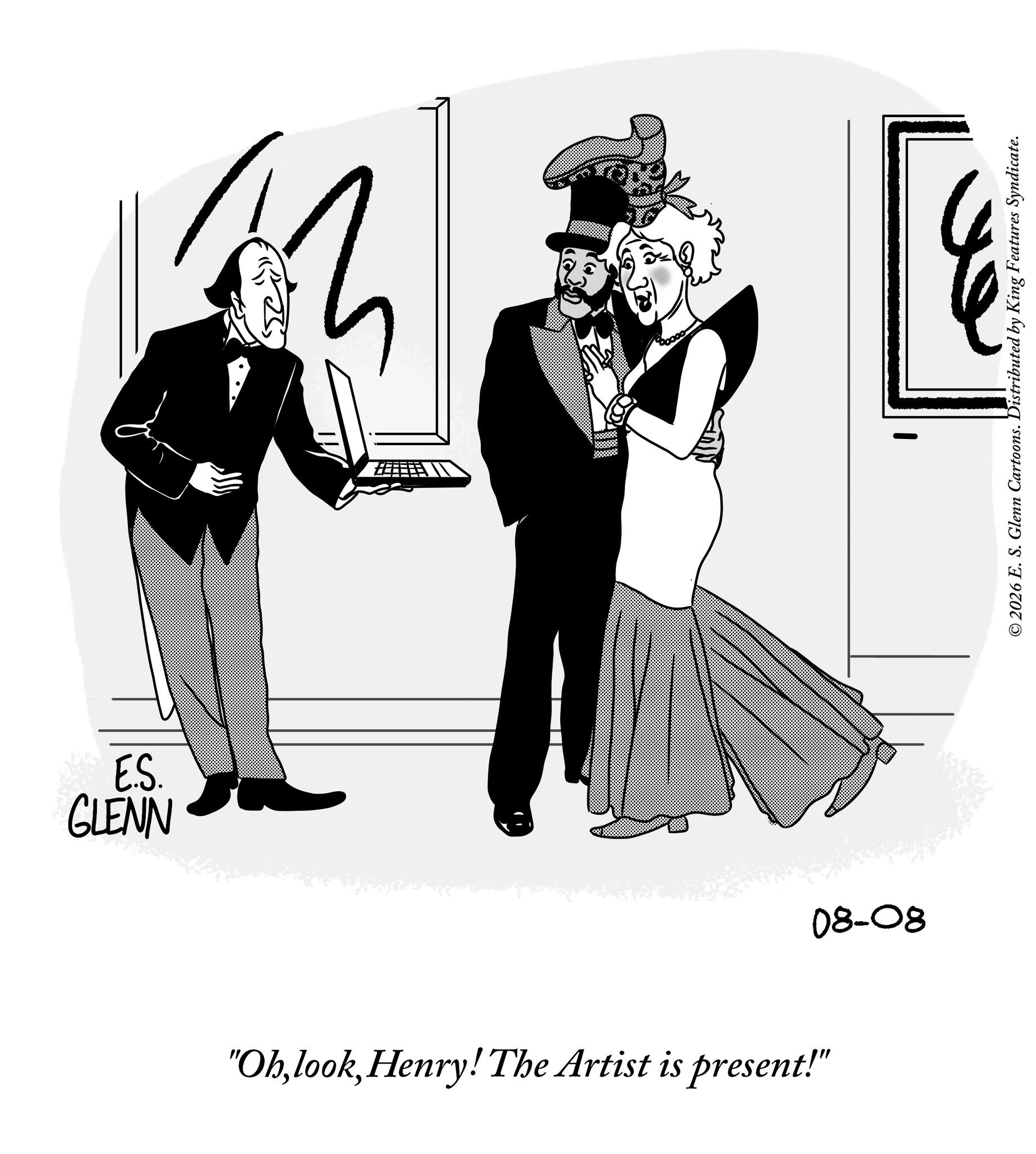Graphics OCR: E.S. GLENN "OhHenry! The Artist is present!" 08-08 © 2026 E. S. Glenn Cartoons. Distributed by King Features Syndicate. E.S. GLENN " OhHenry ! The Artist is present ! " 08-08 © 2026 E. S. Glenn Cartoons . Distributed by King Features Syndicate .