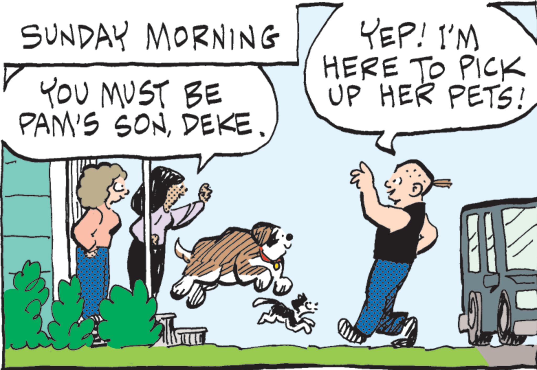 Canidae OCR: SUNDAY MORNING YOU MUST BE PAM'S SONYEP! I'M HERE TO PICK UP HER PETS! SUNDAY MORNING YOU MUST BE PAM'S SONYEP ! I'M HERE TO PICK UP HER PETS !