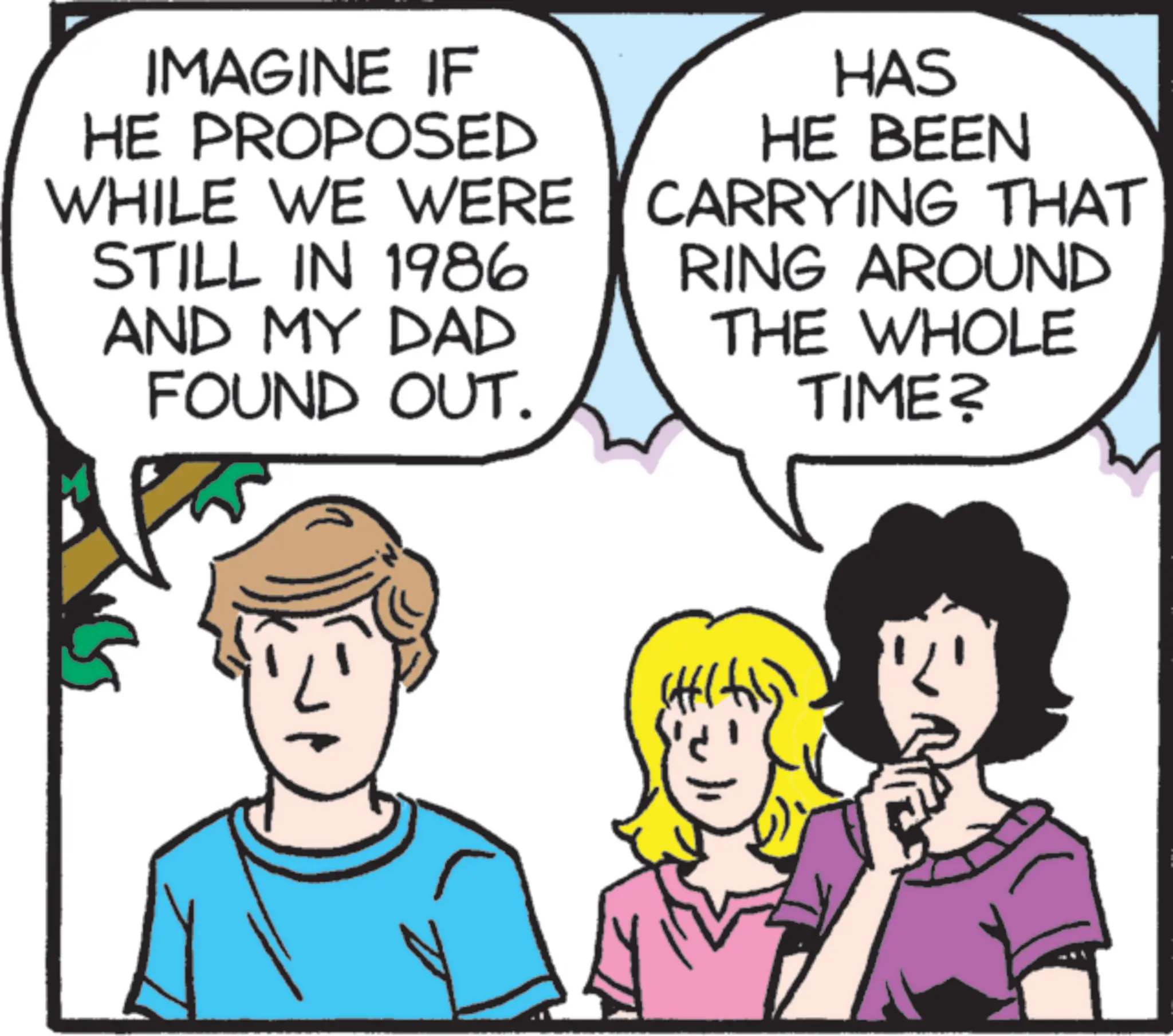 Fictional character OCR: IMAGINE IF HE PROPOSED WHILE WE WERE STILL IN 1986 AND MY DAD FOUND OUT. HAS HE BEEN CARRYING THAT RING AROUND THE WHOLE TIME? IMAGINE IF HE PROPOSED WHILE WE WERE STILL IN 1986 AND MY DAD FOUND OUT . HAS HE BEEN CARRYING THAT RING AROUND THE WHOLE TIME ?