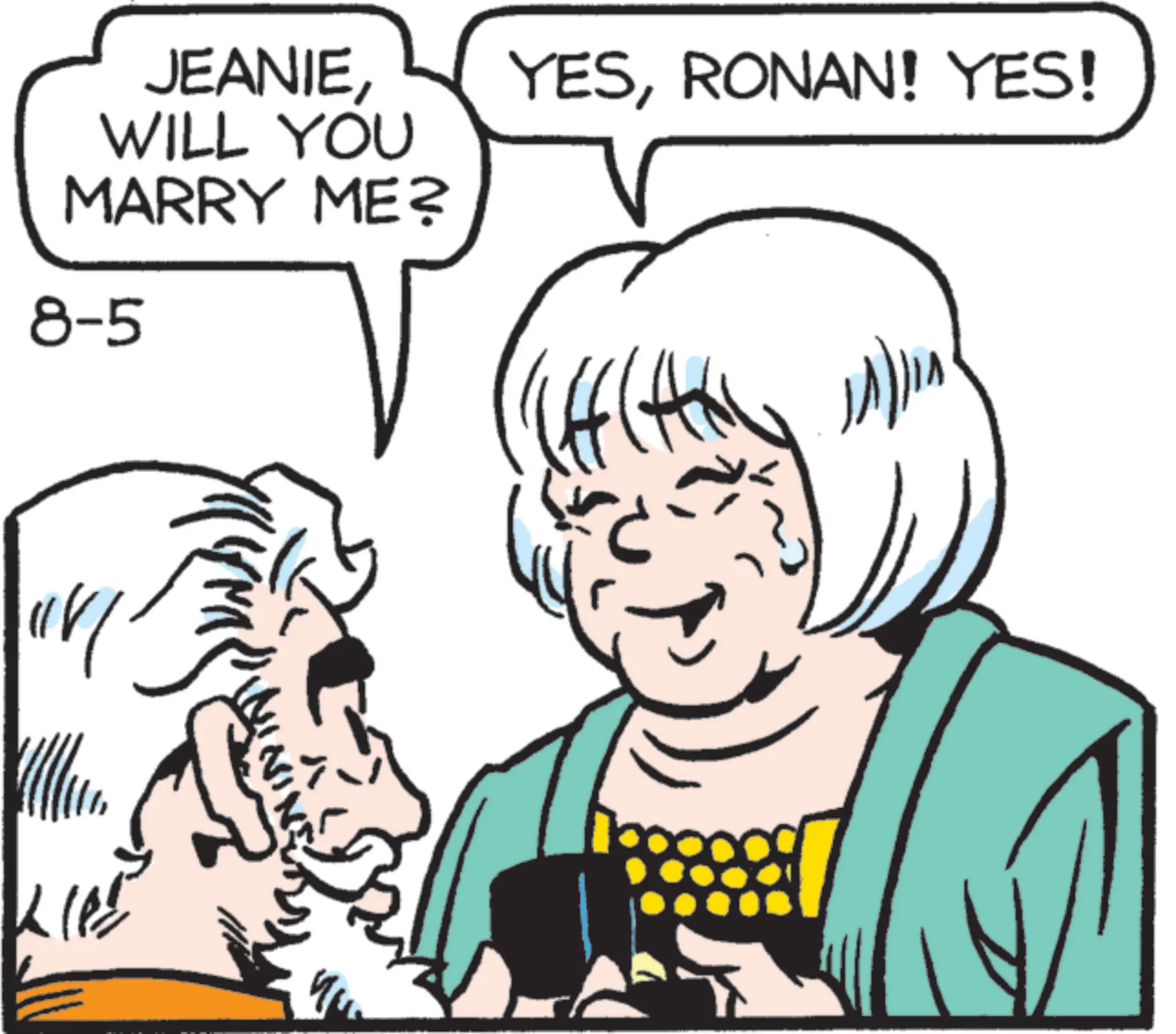 Fictional character OCR: JEANIEWILL YOU MARRY ME? 8-5 YESRONAN! YES! JEANIEWILL YOU MARRY ME ? 8-5 YESRONAN ! YES !