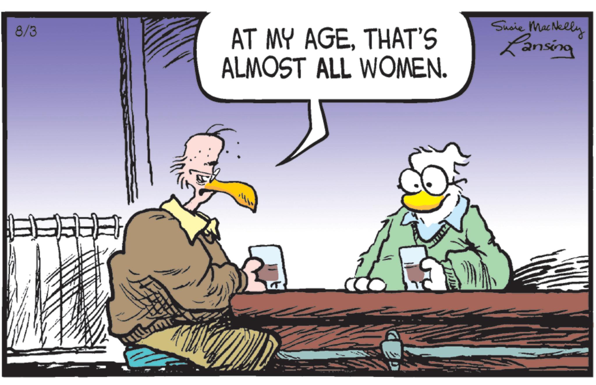 Animated cartoon OCR: 8/3 AT MY AGETHAT'S ALMOST ALL WOMEN. Susie MacNelly Lansing 8/3 AT MY AGETHAT'S ALMOST ALL WOMEN . Susie MacNelly Lansing
