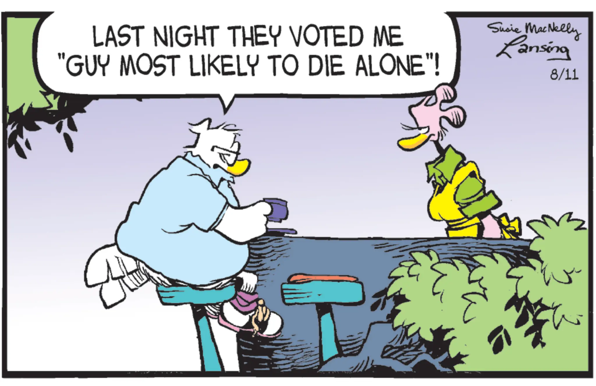Beak OCR: LAST NIGHT THEY VOTED ME "GUY MOST LIKELY TO DIE ALONE"! Susie MacNelly Lansing 8/11 LAST NIGHT THEY VOTED ME " GUY MOST LIKELY TO DIE ALONE " ! Susie MacNelly Lansing 8/11