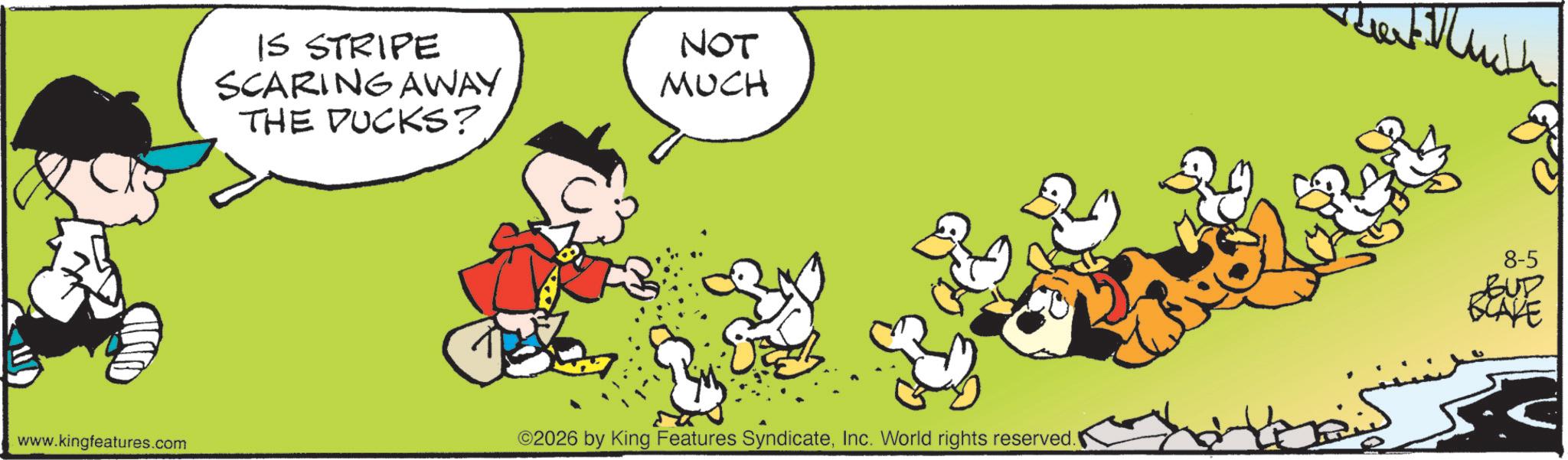 Gesture OCR: IS STRIPE SCARING AWAY THE DUCKS? NOT MUCH www.kingfeatures.com ©2026 by King Features SyndicateInc. World rights reserved. 8-5 BUD BLAVE IS STRIPE SCARING AWAY THE DUCKS ? NOT MUCH www.kingfeatures.com © 2026 by King Features SyndicateInc. World rights reserved . 8-5 BUD BLAVE