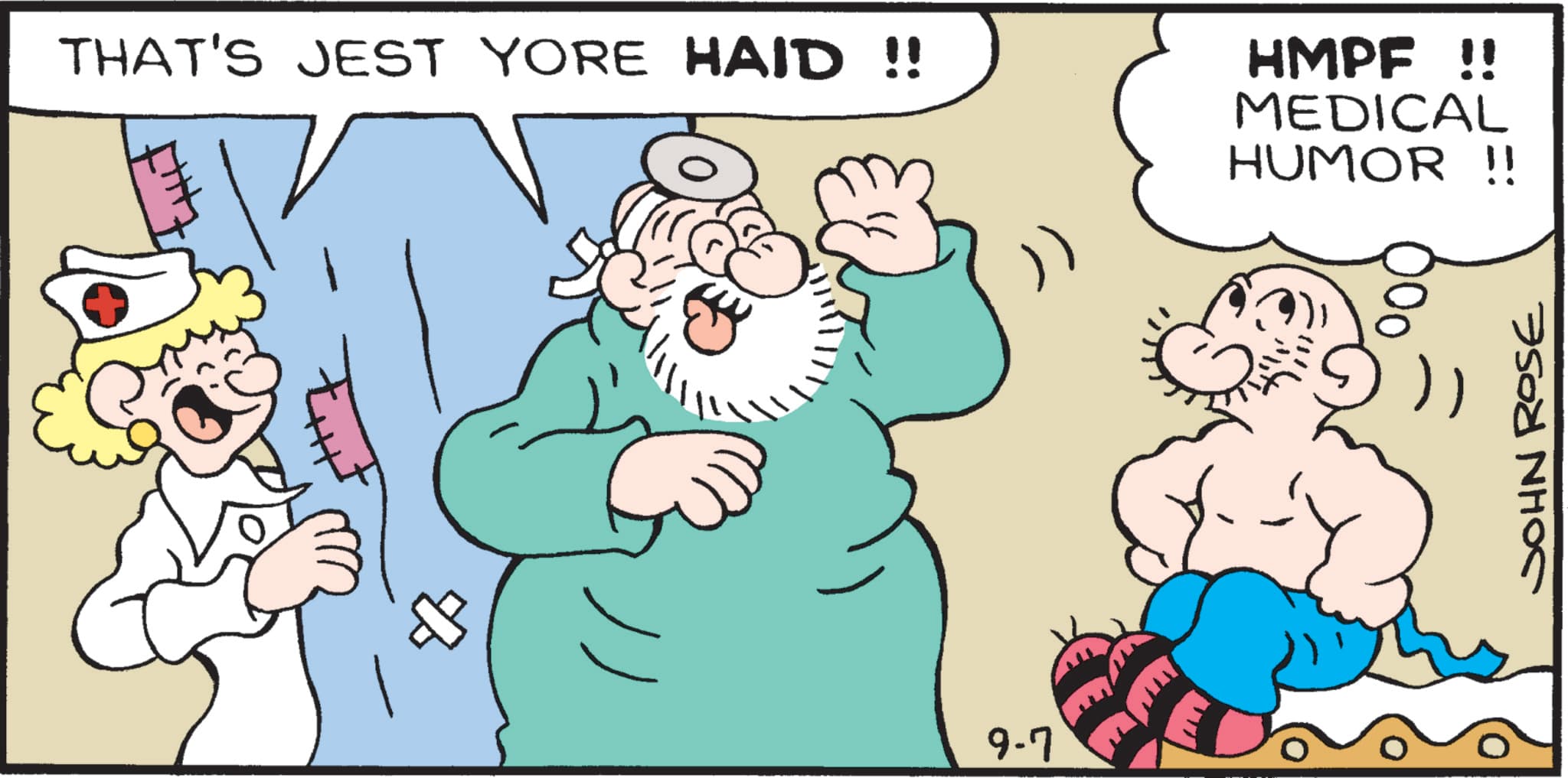 Line art OCR: THAT'S JEST YORE HAID !! HMPF !! MEDICAL HUMOR !! + 9-7 JOHN ROSE THAT'S JEST YORE HAID !! HMPF !! MEDICAL HUMOR !! + 9-7 JOHN ROSE